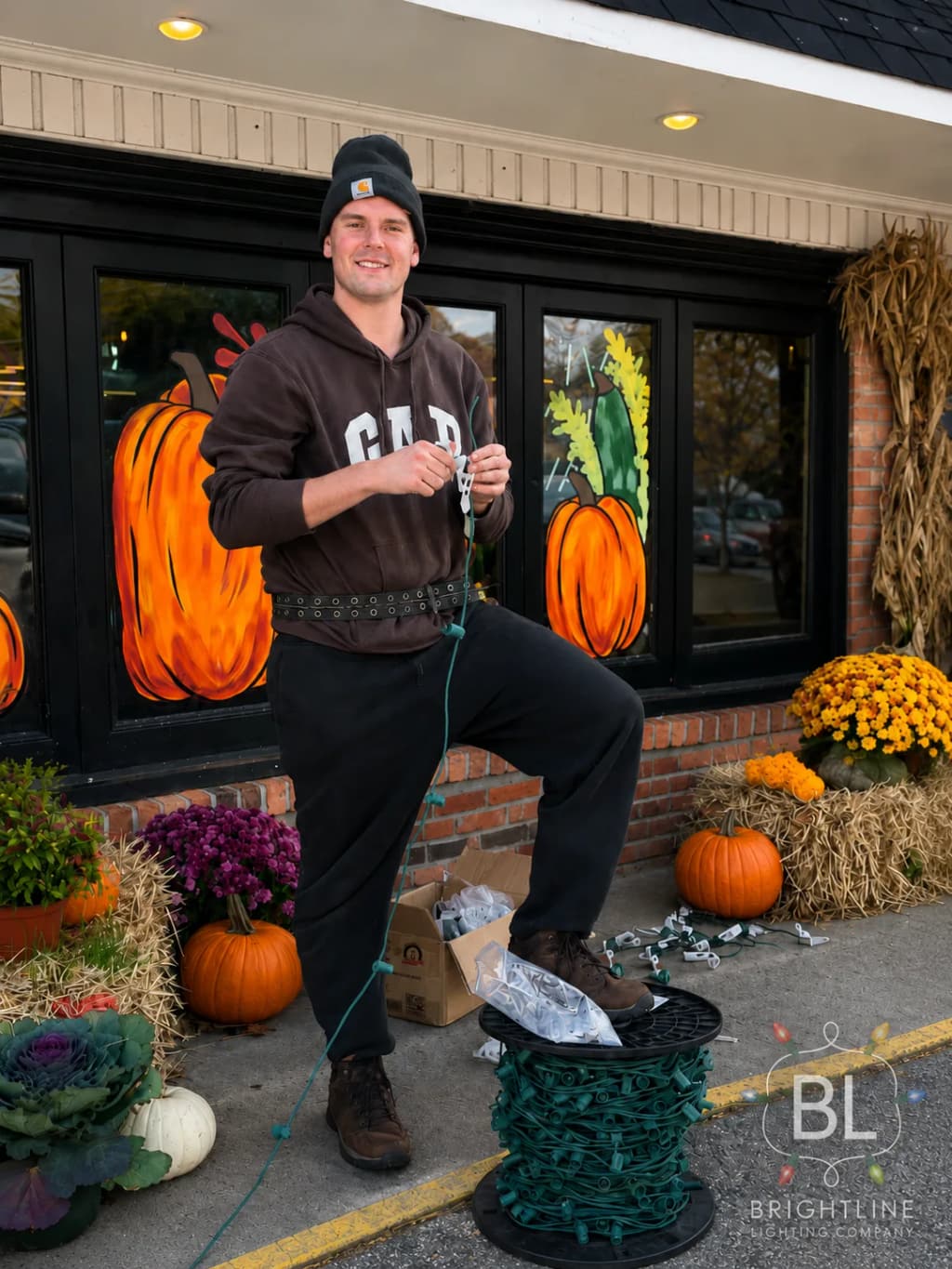 Connor, founder of Brightline Lighting Company, holding a strand of holiday lights during an installation